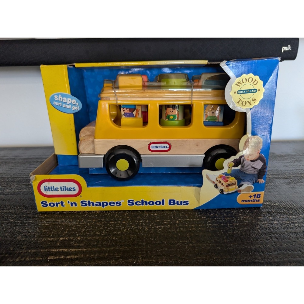 Vintage LITTLE TIKES Wooden Shape Sorter School Bus‎ Toy (2003) RARE NEW